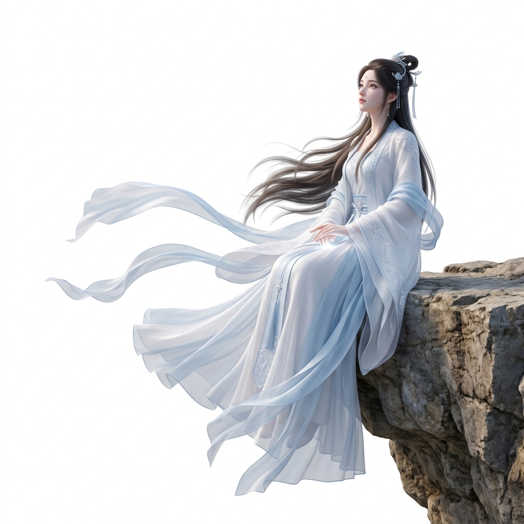 3D cultivation fairy sitting on cliff looking up